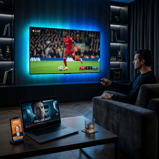 A home entertainment setup with live football on a TV, a movie on a laptop and news on a phone